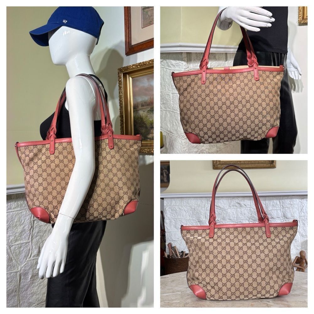 Gucci GG Canvas Craft Large Tote Bag Pink Leather Trim & Attached Pochette